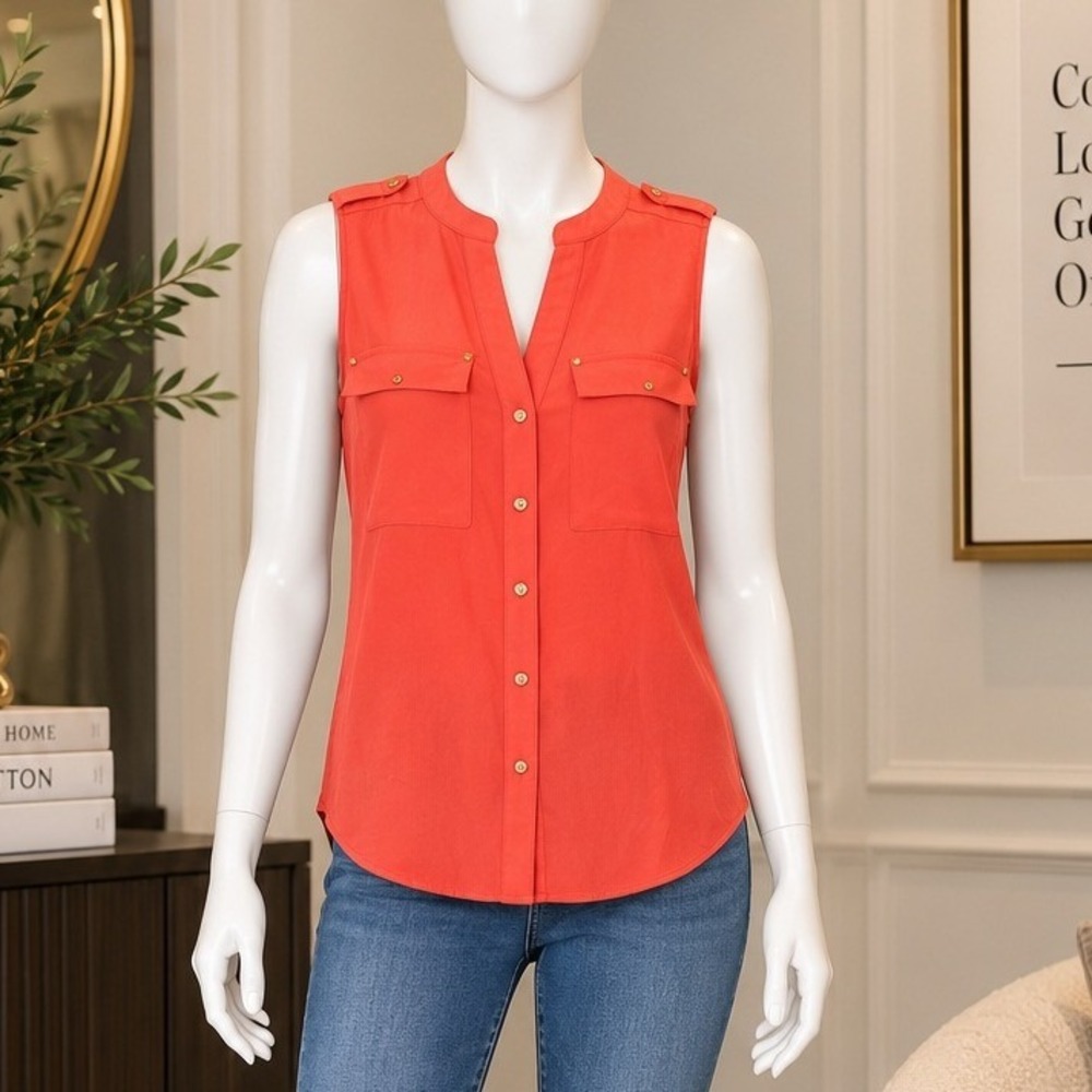 Calvin Klein Womens Blouse Sleeveless Button Up Utility Coral Pink Medium